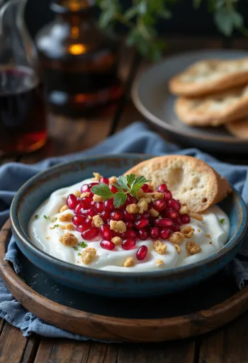 Fatteh s granátovým jablkom, kúskami opečenej pity, cícerom, tahini jogurtom, praženými píniovými orieškami a zrnkami granátového jablka