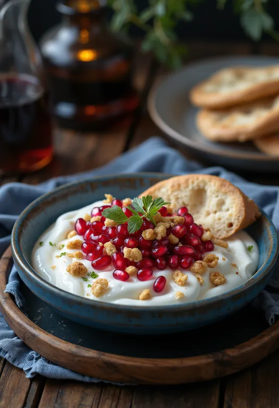 Fatteh s granátovým jablkom, kúskami opečenej pity, cícerom, tahini jogurtom, praženými píniovými orieškami a zrnkami granátového jablka
