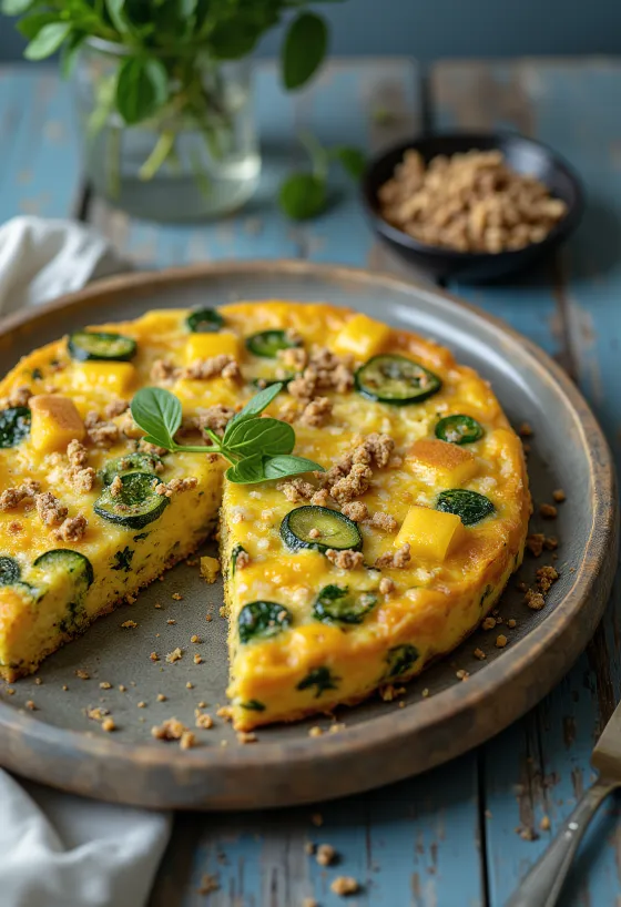 Vegánska frittata z tofu so zeleninou, podávaná s čerstvou petržlenovou vňaťou