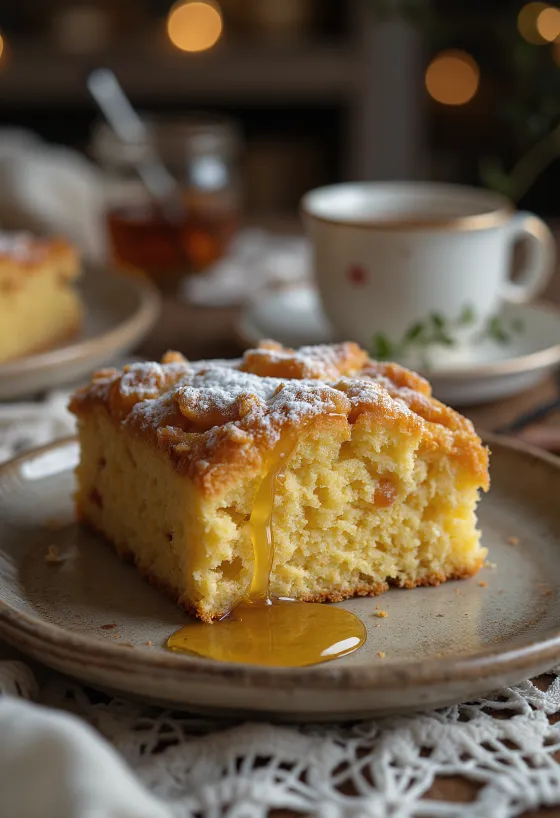 Zázvorový koláč so zlatohnedou, jemnou textúrou, posypaný práškovým cukrom.