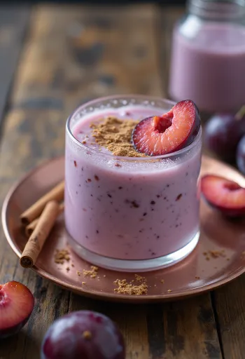 Čerstvý a lákavý probiotický slivkový kefír, ozdobený kúskami sliviek