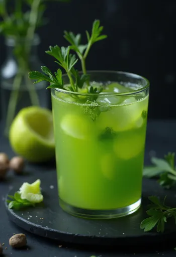 Zelerová šťava vo vysokom pohári, ozdobená čerstvými stonkami zeleru a ovocím