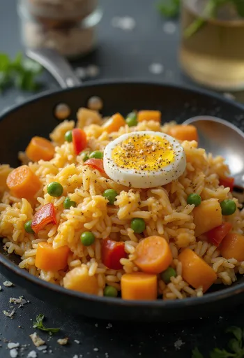 Arroz Chaufa so zeleninou, plátkami vajec a praženou zeleninou