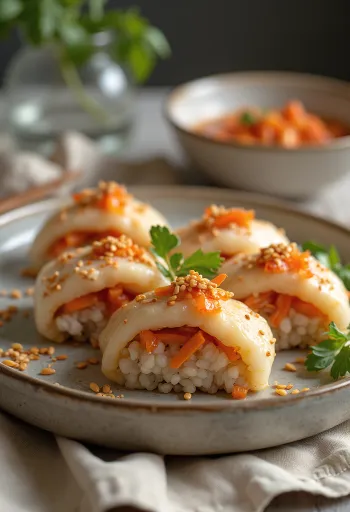 Inarizushi s kimchi, bohaté a korenisté japonské jedlo posypané sezamovými semienkami
