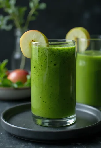 Zelené smoothie vo vysokom pohári, ozdobené čerstvou zeleninou a ovocím
