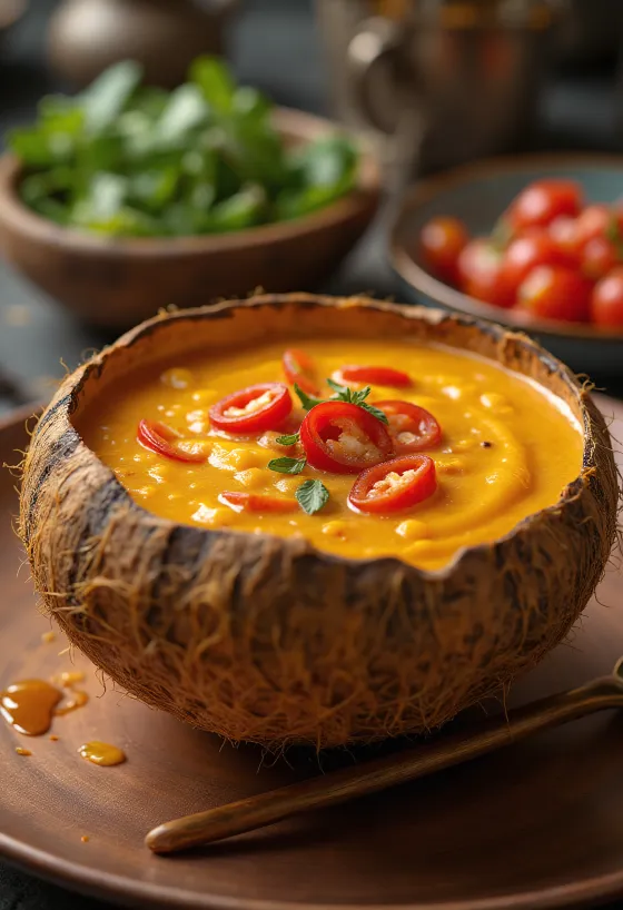 Pikantná kokosová omáčka s čili v miske, s čerstvým koriandrom a plátkami čili.