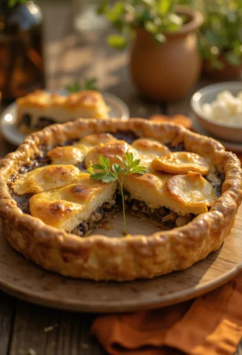 Krémový vegánsky hubový koláč nakrájaný na kúsky