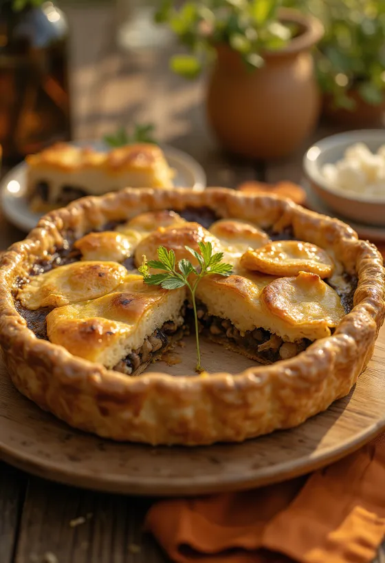 Krémový vegánsky hubový koláč nakrájaný na kúsky