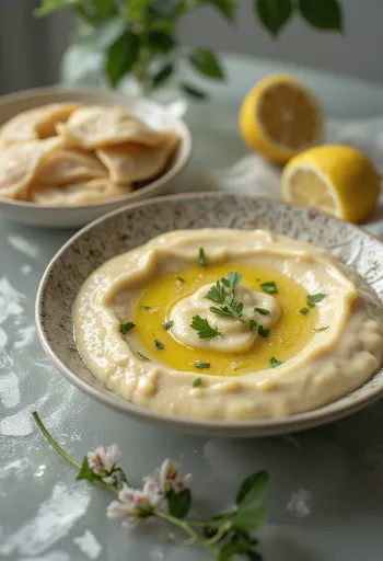 Citrónová omáčka Tahini servírovaná s pitou a grilovanou zeleninou