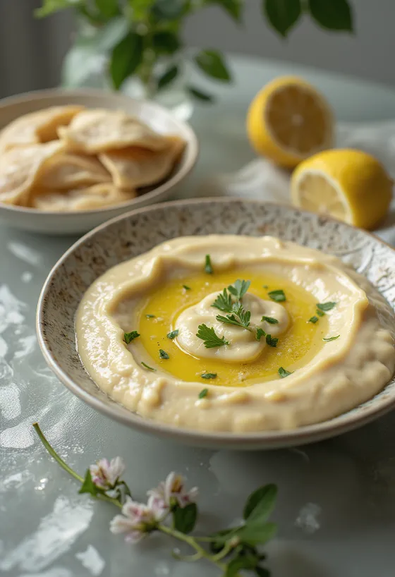 Citrónová omáčka Tahini servírovaná s pitou a grilovanou zeleninou