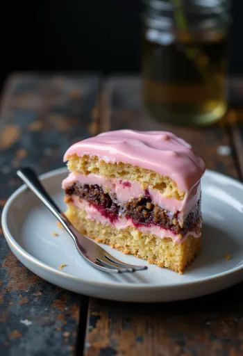 Farebné punčové rezy s ružovou polevou a vrstvami mäkkej piškóty.