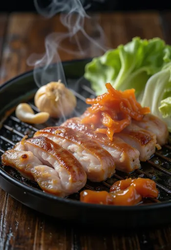 Samgyeopsal podávaný so šalátovými listami a kimči