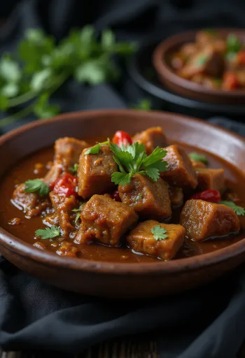 Sarapatel s bravčovou pečeňou servírovaný s bohatým korením a kokosovým mliekom