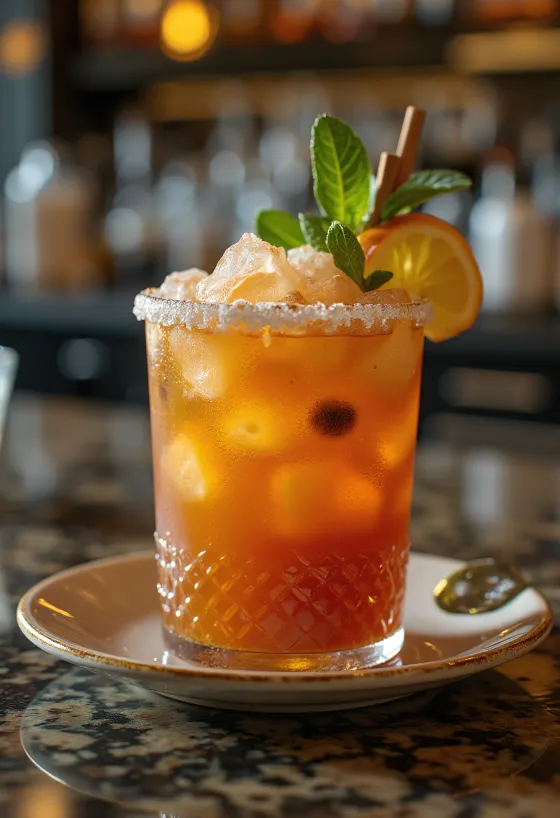 Kokteil Zombie ozdobený lístkom mäty a plátkom pomaranča