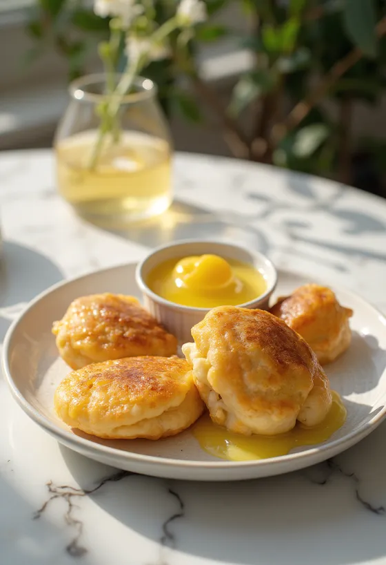 Æbleskiver s citrónovým krémom, čerstvé a nadýchané guľôčky, ozdobené citrónovou omáčkou