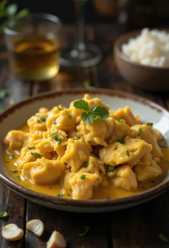 Ají de Gallina s cesnakom, podávané so šťavnatým kuracím mäsom a bohatou omáčkou.