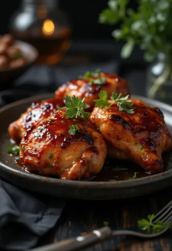 BBQ kuracie stehná pečené v rúre, podávané s opekanými zemiakmi