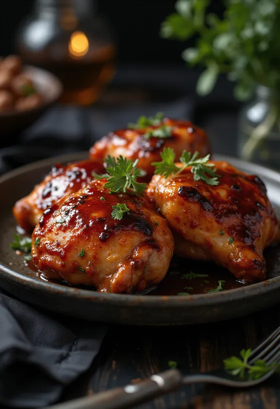 BBQ kuracie stehná pečené v rúre, podávané s opekanými zemiakmi