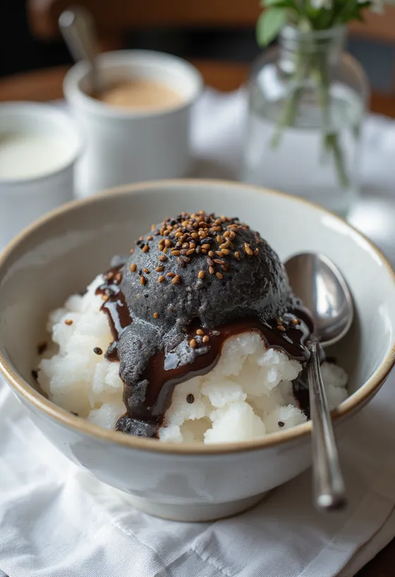 Čerstvé bingsu s čiernym sezamom, perfektný letný dezert