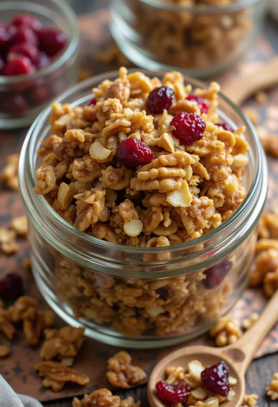 Domáca granola s chrumkavými ovsenými vločkami, orechmi a sušeným ovocím