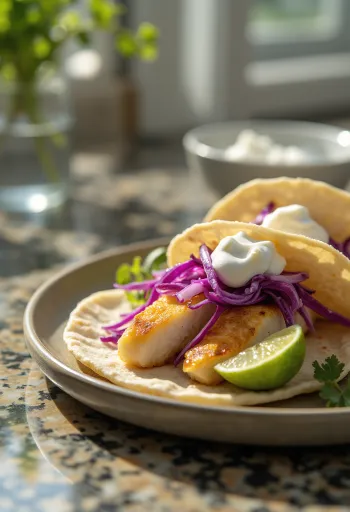 Pescado taco podávané s limetkou a koriandrom