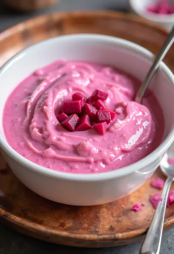Probiotický cviklový jogurt v pohári, žiarivo ružový odtieň, hustá a krémová textúra