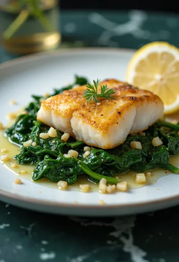 Pečená ryba s cesnakovým špenátom servírovaná