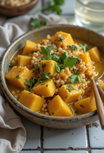 Tekvicové karí s quinoou a tofu podávané s tahini