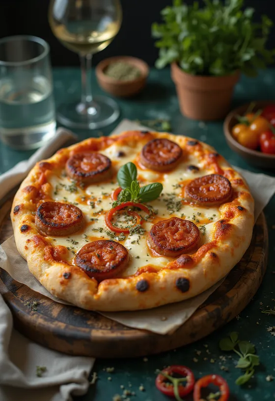Vegánska Pizza Diavola s rastlinnou klobásou a čili