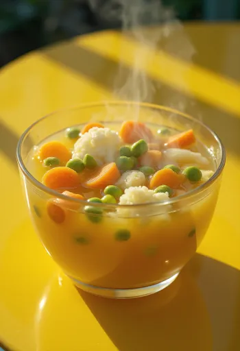 Čerstvá zeleninová polievka podávaná s mrkvou, zelerom a petržlenom