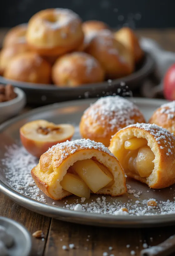 Æbleskiver s jablkovo-škoricovou plnkou, upečené do zlatohneda, posypané práškovým cukrom