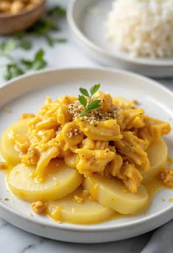 Ají de gallina bez vajec, kura v krémovej žltej omáčke, podávané s ryžou a zemiakmi