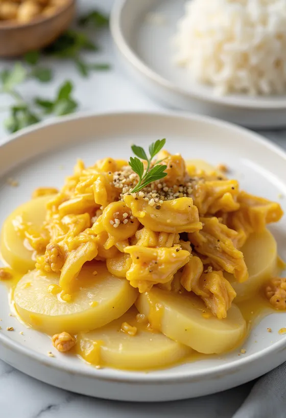 Ají de gallina bez vajec, kura v krémovej žltej omáčke, podávané s ryžou a zemiakmi