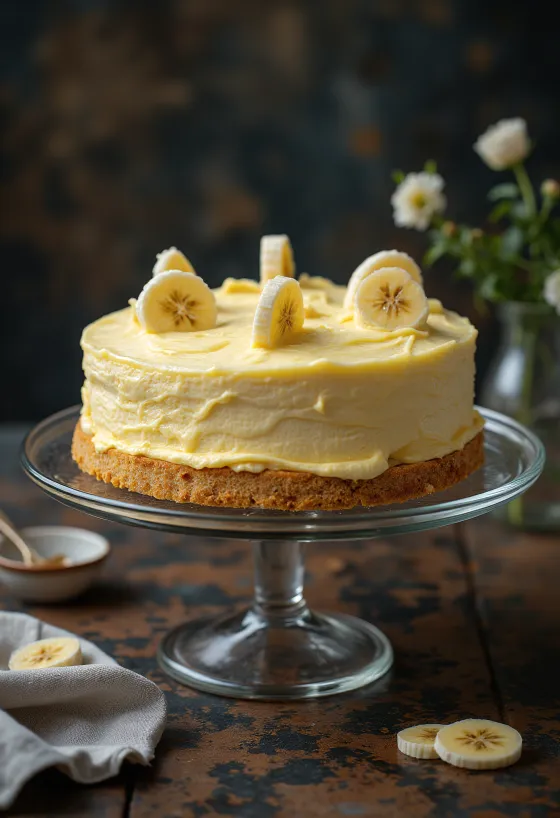 Banánová smotanová torta zdobená plátkami banánov