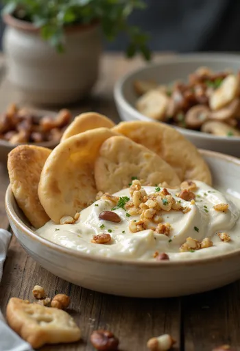 Fatteh s tahini, kúskami opečenej pity, cícerom, tahini jogurtom a praženými píniovými orieškami