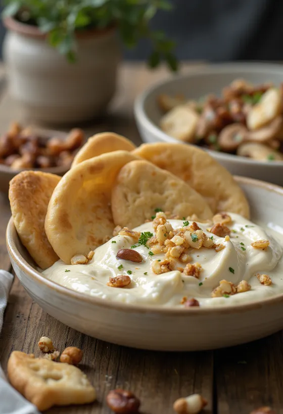 Fatteh s tahini, kúskami opečenej pity, cícerom, tahini jogurtom a praženými píniovými orieškami