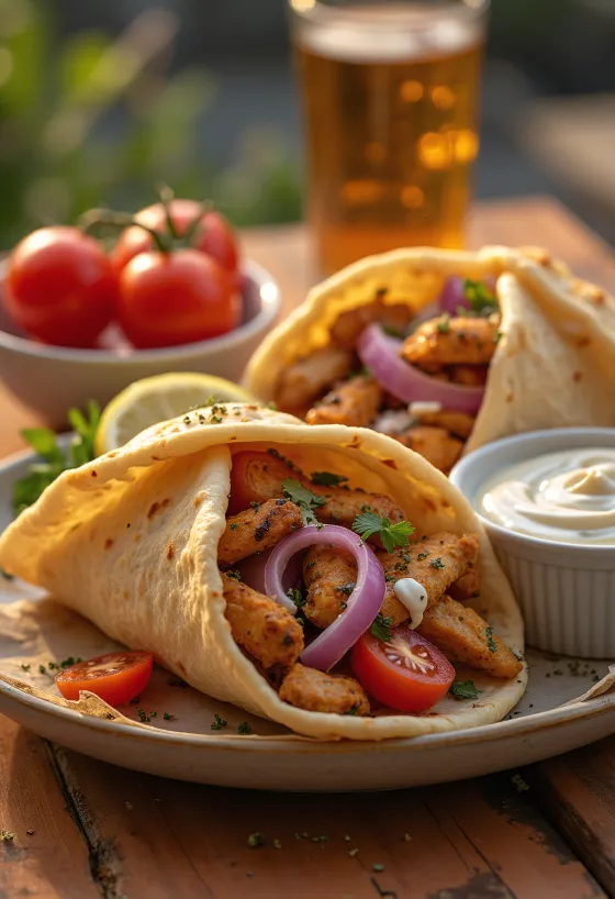 Čerstvo upečené mäso na gyros v pita chlebe, podávané so zeleninou a jogurtovým dresingom.