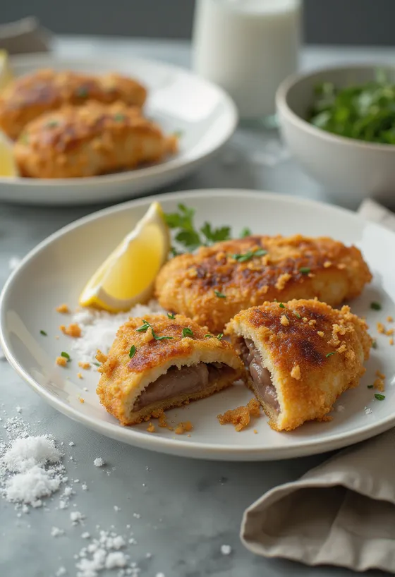 Chrumkavá vyprážaná bravčová pečeň upečená do zlatista, podávaná s čerstvým šalátom.