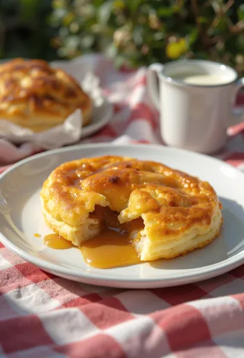 Æbleskiver plnené karamelovým krémom, upečené do zlatohneda, posypané práškovým cukrom