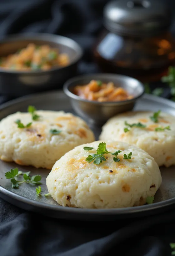 Čerstvo pripravené idli rava, varené v pare, zdobené čerstvými lístkami koriandra