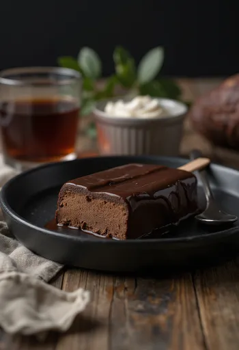Domáci nanuk Magnum Double Chocolate poliaty dvojitou čokoládou, servírovaný na rustikálnom pozadí