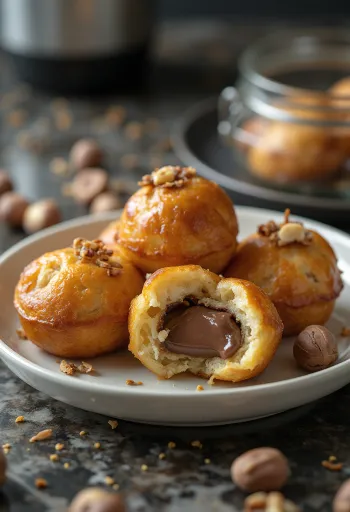 Æbleskiver plnené Nutellou upečené do zlatohneda, posypané práškovým cukrom