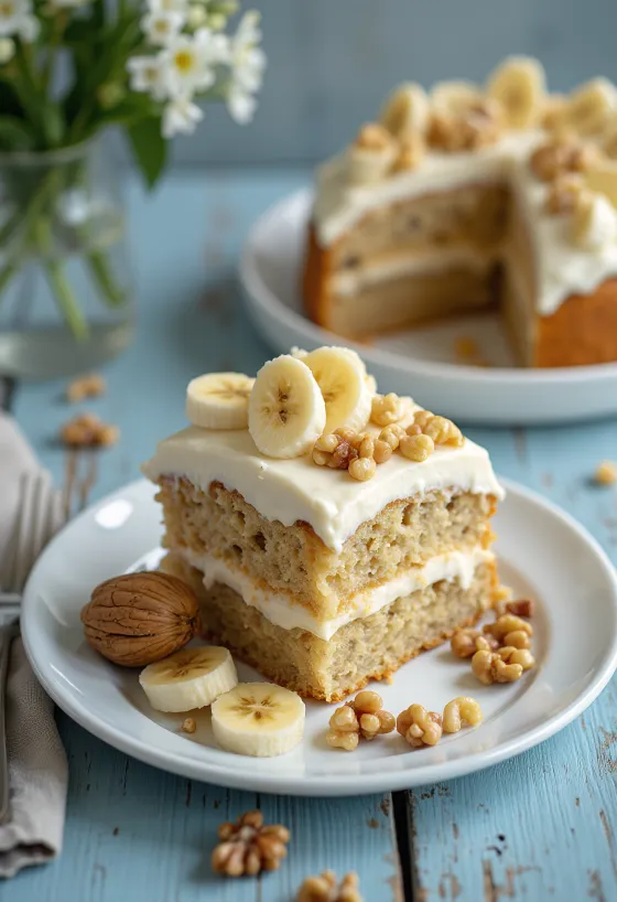 Banánovo-orechová krémová torta zdobená čerstvými banánovými kolieskami a orechmi