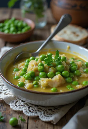 Krémový hrachový prívarok – Jednoduchý domáci recept podávaný s čerstvou petržlenovou vňaťou.