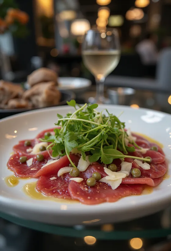 Carpaccio z konského mäsa podávané s rukolou, parmezánom a kaparami.