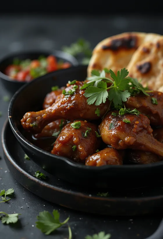 Kura Adobo servírované s chlebom naan v lákavej korenenej omáčke