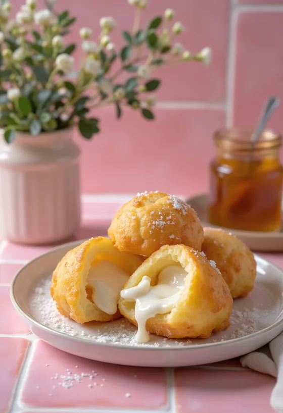 Æbleskiver s ricottovou plnkou, v zlatohnedej farbe, podávané posypané práškovým cukrom