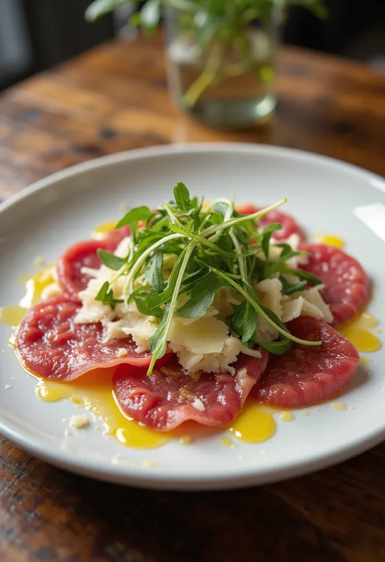 Carpaccio z hovädzej sviečkovej podávané s rukolou a parmezánom