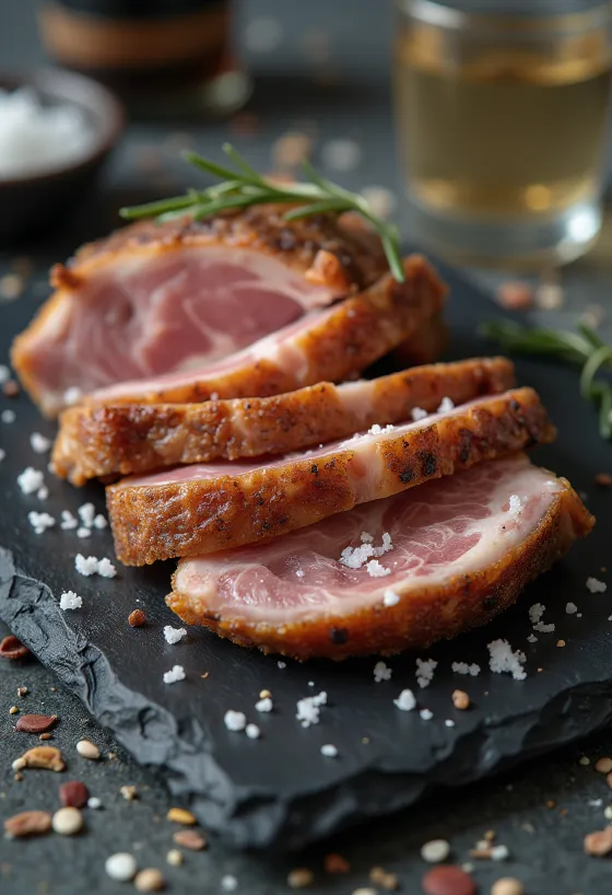 Bravčové Iberico Secreto podávané s mesiačikmi citróna a grilovanou zeleninou.