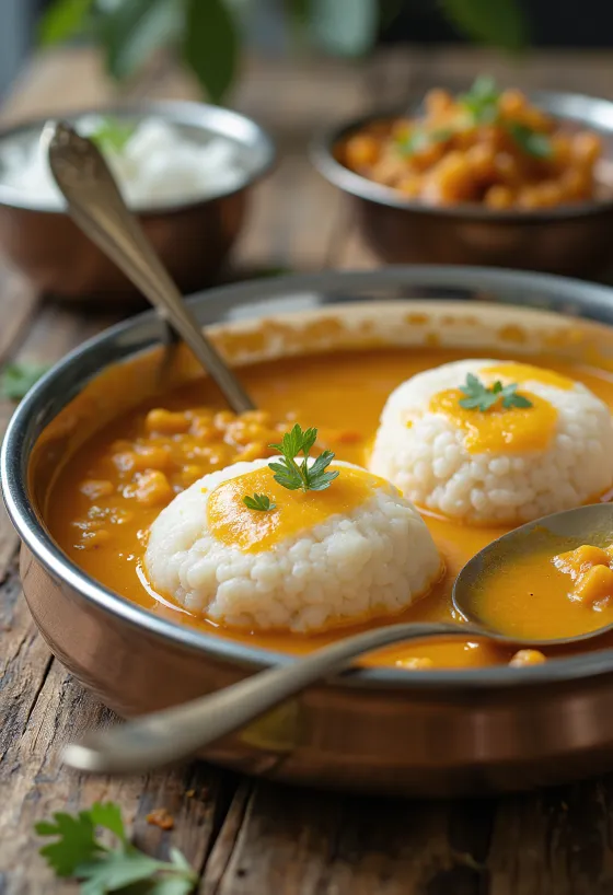 Čerstvo pripravené idli so sambarom, parené idli a korenistá šošovicová omáčka